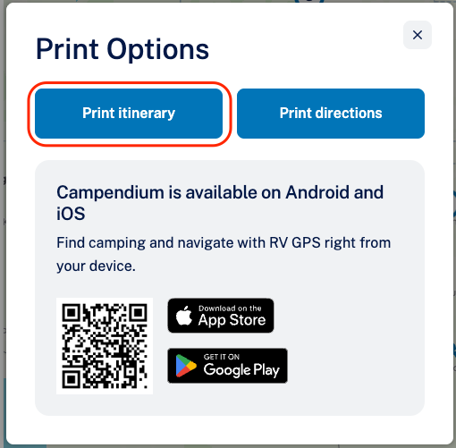Print options with print itinerary button highlighted