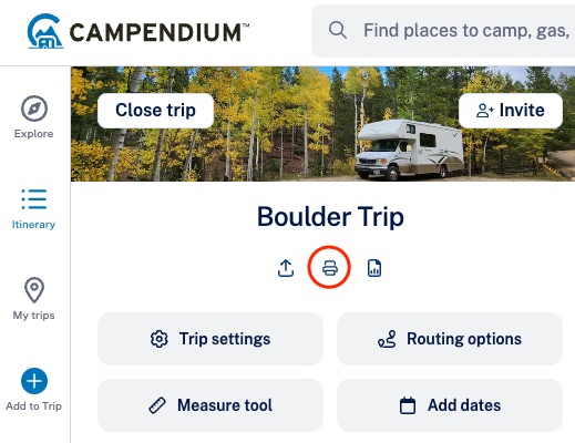 Itinerary view with print icon highlighted