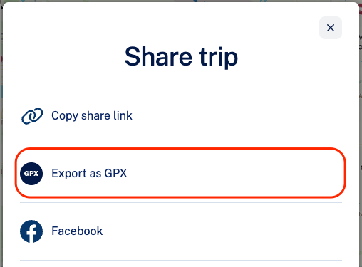 Share trip window with GPX export highlighted