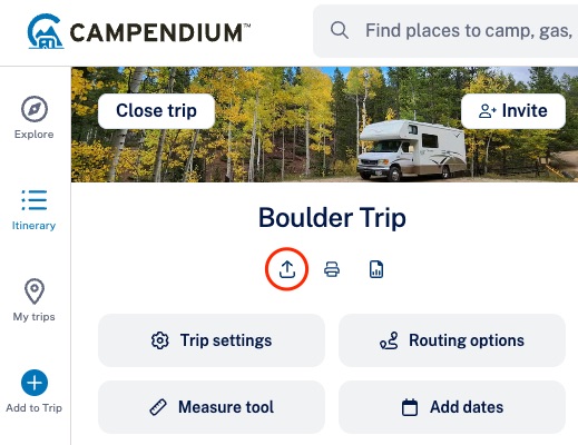 Itinerary view with share icon highlighted