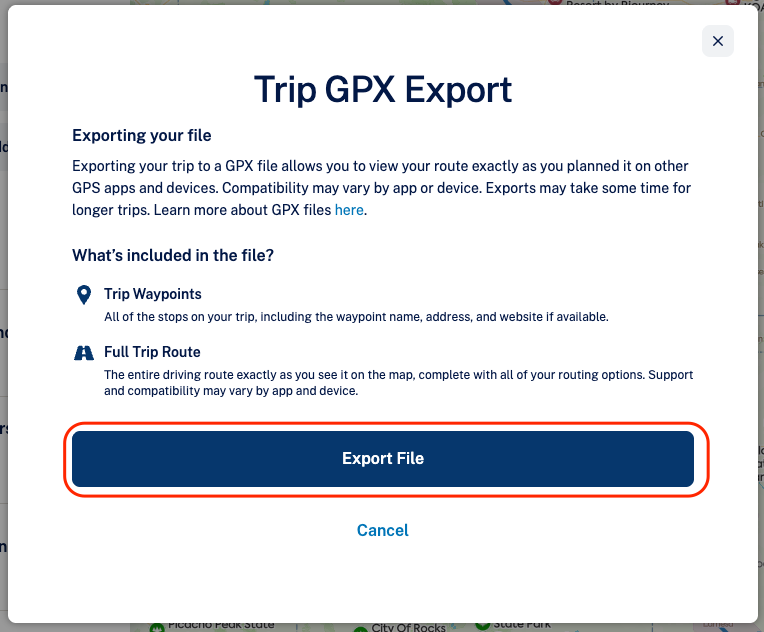 Trip GPX Export confirmation screen