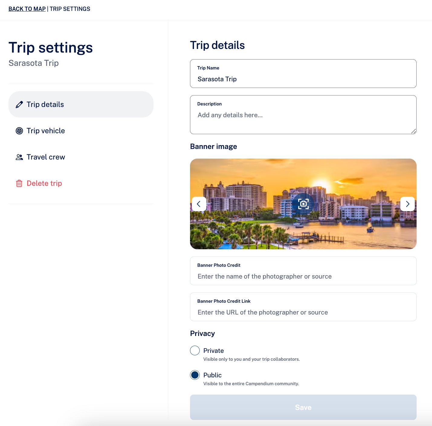 CAMP Trip Settings Page Web